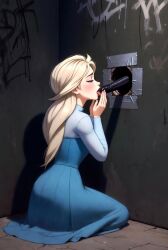 ai_generated bbc blonde-haired_female blonde_hair blowjob dark-skinned_male disney_princess elsa_(frozen) frozen_(film) glory_hole interracial