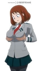 1girls animated blush bob_cut breast_fondling breast_lift breasts busty cupping_breasts cyberunique female fully_clothed large_breasts miniskirt my_hero_academia necktie ochako_uraraka school_uniform schoolgirl self_fondle shounen_jump skirt voluptuous