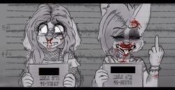 2026 2girls alternative_fashion anthro arrested blood bloody bloody_nose broken_glasses canid canine canis clothed clothing collar crying cuts digital_media_(artwork) duo ear_piercing english english_text eyewear f-slur facial_piercing fatal_affection fishnet_clothing fishnet_topwear flipping_the_bird furry glasses homophobia homophobic_slur mammal middle_finger piercing police_brutality police_lineup punk ring_piercing round_glasses sidecut slur smug spiked_collar spikes tagme topwear trans trans_woman transfem transgender transphobia