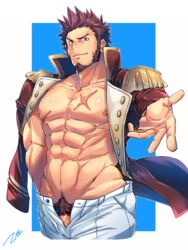 1boy abs bara beard blue_eyes blush brown_hair chest epaulettes facial_hair fate/grand_order fate_(series) highres long_sleeves looking_at_viewer male_focus male_only male_pubic_hair muscle napoleon_bonaparte_(fate) nipples pants pectorals penis penis_peek pubic_hair scar shirtless smile solo tptptpn