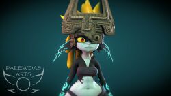 3d_(artwork) 3d_animation armor big_ears black_body blonde_hair breasts clothed clothing eyelashes female front_view green_markings grey_body grin hair headgear helmet hi_res humanoid humanoid_pointy_ears imp long_hair looking_at_viewer markings meme midna navel nintendo one_eye_obstructed palewdas_arts pointy_ears red_eyes shortstack smile snaggle_tooth solo tagme the_legend_of_zelda thick_thighs topwear twili twilight_princess video wide_hips yellow_sclera