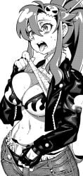 1girls belt big_breasts bikini breasts busty clothes_lift cowboy_shot denim female female_only fingerless_gloves flame_print gloves greyscale hair_between_eyes hair_ornament hair_stick highres hot ireading ireading62 jacket jeans large_breasts leather leather_jacket legs lifting_own_clothes long_hair long_sleeves midriff monochrome navel open_clothes open_jacket open_mouth open_pants pants ponytail shorts simple_background skull_hair_ornament solo standing steaming_body studded_belt sweat sweater sweater_lift swimsuit tengen_toppa_gurren_lagann thighs toned toned_female tongue tongue_out turtleneck turtleneck_sweater unbuttoned unbuttoned_pants unzipped unzipped_pants very_long_hair very_sweaty voluptuous yoko_littner