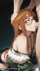 1boy 1girls ahe_gao ahegao_face ai_generated blowjob breasts cleavage clothed clothed_female cum cum_in_mouth curvy curvy_body curvy_female deepthroat dreamyan_ai excessive_cum fellatio glasses head_grab hi_res high_quality high_resolution highres irrumatio jacket long_hair medium_breasts oral oral_sex orange_hair persona persona_5 petite pleasure_face sakura_futaba sucking sucking_penis thick_ass thick_thighs thighs uncensored