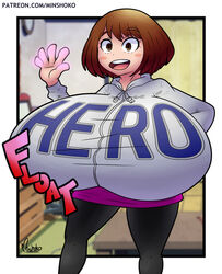 artist_signature artist_website breasts brown_eyes brown_hair clothes english_text female female_focus female_only gigantic_breasts glowing hoodie human human_female human_focus human_only humanoid my_hero_academia ochako_uraraka pantyhose patreon_url rosy_cheeks skullgeist tagme text