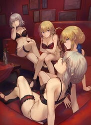 4girls ahoge arm_support artoria_pendragon artoria_pendragon_(alter) bangs bare_shoulders black_bra black_footwear black_panties blonde_hair blue_eyes blue_ribbon blush bow bow_bra bra braid breasts cleavage collarbone commentary couch crossed_arms crown_braid elbow_rest expressionless eyebrows_visible_through_hair fate/grand_order fate_(series) flower green_eyes groin hair_between_eyes hair_bun hair_ribbon half-closed_eyes hand_on_own_cheek hand_on_own_knee head_tilt high_heels highres indoors jeanne_alter jeanne_d'arc_(fate) jewelry knees_together_feet_apart large_breasts leaning_back leaning_forward leg_garter legs_crossed lingerie long_hair looking_at_viewer mashu_003 medium_breasts multiple_girls navel necklace panties parted_lips photo_(object) picture_frame purple_eyes red_bra red_flower red_footwear red_rose removed ribbon ribbon-trimmed_bra rose saber short_hair side-tie_panties sidelocks signature single_braid sitting smile stomach table tareme thighs twitter_username underwear underwear_only vase very_long_hair yellow_eyes