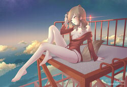 animal_ears barefoot bed blush breasts brown_eyes brown_hair clothing cloud feet female fernandia_malvezzi nipples no_bra on_bed open_mouth panties red_panties red_shirt sandrewf shiny shiny_hair shirt sitting sky small_breasts solo squirrel_ears squirrel_tail strike_witches tail underwear world_witches_series