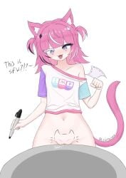 camila_(vtuber) cat_drawing cat_drawn_on_pussy cat_ears cat_tail catgirl clitoris do_you_want_to_pet_my_cat_(meme) imp indie_virtual_youtuber kitty_trend_pose lifting_shirt meme open_mouth pink_hair pussy pussy-cat_(meme) szpecter tongue virtual_youtuber vulva wing