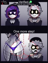 1boy 1girls biometric_verification checkmark color comic english_text facial_verification female female_focus kama1678 legwear lewd_security_verification looking_at_viewer male meme murder_drones n_(murder_drones) purple_eyes purple_hair reddit_link robot robot_boy robot_girl robot_humanoid shocked text thong twitter_link undressing uzi_(murder_drones) white_body white_hair yellow_eyes