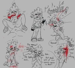 1boy anthro bat_(object) battered bed belly belly_button bleeding_out blood blood_drip blood_from_mouth blood_in_mouth blood_on_arm blood_on_face blood_on_head blood_splatter blood_spray bodily_fluids bondage bound bovid brain_damage caprine chained chains chastity_cage chastity_device chin_piercing choker choker_only clothed clothing collage concussion croptop cuff_(restraint) cum death_orgasm dialogue dripping dumbification duo dying ear_piercing ejaculation emanata eyebrow_piercing facial_piercing fatal_affection fingerless_gloves flaccid flat_chastity_cage fully_clothed fur furniture genital_fluids genitals gloves gore grabbing_sheets group handcuffs hands_above_head head_injury held_by_legs hi_res hooves humor impact_play jewelry killing kneeling lambchop_(fatal_attraction) leg_scar looking_pleasured lying lying_on_bed male male/ambiguous male/male male_only male_penetrated male_penetrating male_ryona mammal metal_cuffs midriff midriff_baring_shirt navel navel_piercing necklace necklace_only nipple_piercing nipples nose_piercing nosebleed nude offscreen_character on_back on_bed pants penetration penis piercing pun restraints scar seeing_stars shaking sheep shoes sketch sketch_page slamming slit_throat sneakers snuff solo sound_effects speech_impediment tears thigh_scar tongue tongue_out wiping_nose wool_(fur) wool_hair wounded