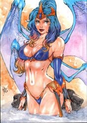 1girls 2019 arm_guards aspen_mlt belly_button big_breasts blue_bra blue_eyes blue_hair blue_panties blue_thong bra bracers breasts busty cleavage crown curvaceous curvy dated dragon_wings ed_benes_studio eyeshadow female female_only grace highlights human lanio_sena large_breasts long_hair makeup mascara midriff nail_polish navel orange_highlights panties partially_submerged pink_highlights pinup ponytail rahtumi red_lips red_lipstick red_nail_polish red_nails signature sleeves solo soulfire standing standing_in_water stomach thick_thighs thighs thong tiara voluptuous water wings