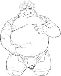 2019 absurd_res anthro balls belly black_and_white blush bottomwear clothing flaccid hi_res humanoid_hands humanoid_penis male male_only moobs navel nipples nsfwnudo nunudodo overweight overweight_male penis shorts simple_background solo tokyo_afterschool_summoners tongue tongue_out tsathoggua video_games white_background