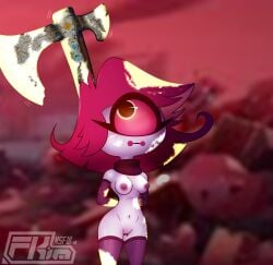 1girls 2024 axe blood_stain breasts demon demon_girl fkimnsfw gloves hazbin_hotel niffty nipples nude pussy red_eyes red_hair red_nipples short_hair small_breasts solo stockings vivienne_medrano