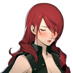 1girl 1girls accurate_art_style armband asian atlus big_breasts blush breasts cape cleavage closed_eyes closed_mouth clothed clothed_female clothing coat curvy edit edited embarrased_nude_female embarrassed female female_only hair_over_one_eye hi_res human large_breasts light-skinned_female light_skin long_hair megami_tensei mitsuru_kirijo mitsuru_portrait_edit official_style out_of_frame pale-skinned_female pale_skin partially_clothed persona persona_3 persona_3_reload red_eyes red_hair revealing_clothes sega shy skinny slim solo solo_female transparent_background