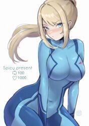 1girl big_breasts blonde_hair blue_bodysuit blue_eyes blush blush_lines blushing bodysuit breasts chascoby collarbone commentary covered_navel cowboy_shot english_commentary female female_only hair_up high_ponytail highres large_breasts like_and_retweet long_hair looking_at_viewer metroid navel_visible_through_clothes nintendo ponytail samus_aran sidelocks simple_background solo twitter_strip_game white_background zero_suit zero_suit_samus