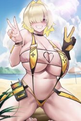 absurdres ahoge bare_shoulders beach beach_umbrella black_choker black_gloves blonde_hair bracelet breasts choker clothing_cutout cloud commentary cumulonimbus_cloud day double_v elegg_(boom_and_shock)_(nikke) elegg_(nikke) english_commentary female female_only game_controller_print gloves gluteal_fold goddess_of_victory:_nikke grin hair_intakes hair_over_one_eye hands_up heart_cutout highres jewelry large_breasts lens_flare long_bangs looking_at_viewer mountainous_horizon multicolored_gloves nail_polish navel ocean official_alternate_costume one_eye_covered outdoors plant purple_eyes sand see-through_slingshot_swimsuit short_hair slingshot_swimsuit smile solo swimsuit two-sided_gloves two-tone_gloves umbrella v very_long_fingernails water yellow_gloves yellow_nails yellow_slingshot_swimsuit zukululuu