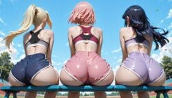 3girls ai_generated ass big_ass blonde_hair blue_hair boruto:_naruto_next_generations dark-blue_hair female female_focus female_only floating_hair frenzyai from_behind gym_shorts haruno_sakura hyuuga_hinata ino_yamanaka light-skinned_female light_skin long_hair naruto naruto_(classic) naruto_(series) naruto_shippuden pink_hair sakura_haruno sfw short_hair short_shorts shorts sitting thin_waist tiara track_and_field wide_hips wind yamanaka_ino