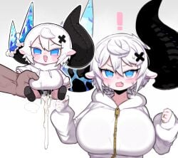 animal_ears artificial_vagina asymmetrical_horns black_horns blue_eyes blurry breasts broken_horn character_doll commentary_request cow_ears cow_girl cow_horns crystal_horns cum depth_of_field doll female horns huge_breasts huge_horns mato_tsuyoi meme mismatched_horns opal_(gemstone) original sex_toy simple_background sparkle_doll_onahole_(meme) white_background yamada_vanhouten_(mato_tsuyoi)