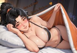 10:7 1girls absurd_res absurdres ai_generated alternate_breast_size anran anran_ye armpit_crease artist_name asian asian_female bangs bed bed_invitation bedroom bedroom_background bedroom_setting big_breasts black_hair black_hair_female blanket blizzard_entertainment blush blushing_at_viewer blushing_female bra chinese_female cleavage collarbone cozy dialogue earrings english_dialogue english_text female female_only heart heart_symbol high_ponytail high_resolution highres hips indoors invitation kitko laying_down laying_on_side legs_together long_hair looking_at_viewer navel on_side orange_eyes overwatch overwatch_2 panties pillow pov shoulders sleepwear smile smile_at_viewer smiling smiling_at_viewer solo speaking_to_viewer styled_hair talking_to_viewer text toned toned_female toned_stomach watermark white_skin white_skinned_female