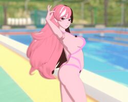 1girls half-dressed half_naked half_naked_female heterochromia long_hair long_hair_female multicolored_hair neo_(rwby) pool rwby softserveneo solo_female string_bikini