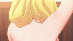 1girls absurdres animated anime_screenshot arm_up armpits ass back backboob bare_back bed blonde_hair breasts completely_nude covering_breasts covering_privates enome female futoku_no_guild highres huge_breasts indoors interior mature_female mother nude on_bed sideboob sitting solo sweat tagme wide_hips