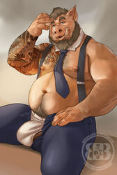 1boy anthro belly bruteandbrawn bulge clothing domestic_pig fangs hair hi_res jockstrap looking_at_viewer male male_focus male_only mammal navel necktie nipples open_zipper shirt_collar snout solo solo_male suid suina sus_(pig) suspenders tattoo topless_male tusks underwear