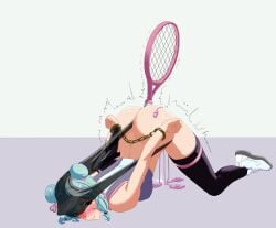 anal anal_insertion arms_behind_back arms_tied arms_tied_behind_back ass ass_focus ass_up atomic_wedgie badminton_racket blue_hair blush bondage dlovolb egg_vibrator handcuffs legs legs_apart legs_spread multiple_vibrators object_in_ass object_insertion pantsless racket remote_control_vibrator stockings top-down_bottom-up tremble_spikes trembling uncomfortable vibrator vibrator_in_pussy wedgie wedgie_fetish wedgied_female