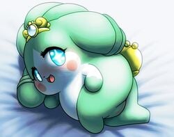 anthro bed_sheet bedding blue_eyes blush cocotama crown eyelashes female fur green_fur green_hair hair hirake!_cocotama looking_at_viewer lying mammal mostly_nude multicolored_fur open_mouth presenting presenting_pussy pussy solo tia_(cocotama) two_tone_fur white_fur 九尾