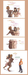 blush breasts canid canine canis cerberus closed_eyes clothing comic costume dialogue digitigrade domestic_dog european_mythology eyewear female glasses greek_mythology group hair hi_res hoodie human human_to_taur male mammal merging multi_head multi_nipple multi_tail mythology nipples nude pussy simple_background strawberrytfs taur tongue tongue_out topwear transformation white_background