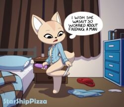 2019 aggressive_retsuko anthro bed bedroom black_nose bottomless canid canine clothed clothing dildo female fennec fenneko fox fur legwear mammal masturbation open_mouth panties panty_pull sanrio sex_toy shirt solo standing starshippizza straight_hair topwear toy underwear undressing vibrator white_fur