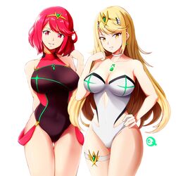 2girls absurdres blonde_hair breasts cleavage commentary competition_swimsuit covered_navel earrings english_commentary eyebrows_visible_through_hair gem hair_ornament headpiece highres jewelry large_breasts long_hair looking_at_viewer multiple_girls mythra nintendo one-piece_swimsuit pose pyra red_eyes red_hair short_hair simple_background standing swimsuit teeth thigh_strap thighs tiara turtleneck very_long_hair white_background whitelie xenoblade_(series) xenoblade_chronicles_2 yellow_eyes