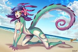 1girls ass beach big_tail breasts female league_of_legends lizard_girl long_tail multicolored_hair multicolored_skin naked neeko nidalee nipples ocean open_mouth riot_games small_breasts tail thighs velvetqueenh yellow_eyes