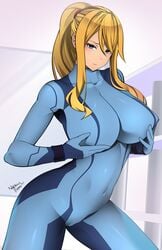 1girls big_breasts blonde_hair blue_eyes bodysuit breasts cleavage female female_only large_breasts looking_at_viewer metroid nachocobana nintendo nipple_bulge ponytail samus_aran sidelocks solo zero_suit zero_suit_samus