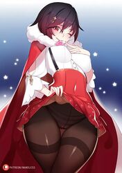 condom condom_in_mouth female female_only lifting_skirt nanoless pantyhose ruby_rose rwby see-through striped_panties tight_clothing wink