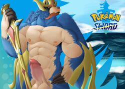 1boy 2019 abs anthro anthrofied bara biceps big_hands blue_fur bottomwear canine claws clothed clothing clouds day erection fur grey_eyes hamili holding_object holding_weapon huge_testicles humanoid_penis large_penis legendary_pokémon logo looking_at_viewer looking_away male male_only mammal melee_weapon metal muscular muscular_male nintendo nipples nude ocean outdoors penis pokémon_(species) pokemon pokemon_ss pokemorph pose sea sky solo standing sword testicles text thick_penis veins veiny_penis video_games water wave weapon white_fur zacian