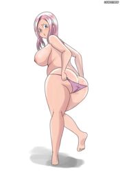 1girls areolae artist_name ass big_ass big_breasts blue_eyes breasts clothing female female_only hair large_breasts laundrymom long_hair nipples okita_kyouko okusan panties pink_hair solo topless watermark