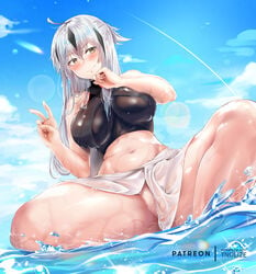 1girls breast_hold fate/grand_order fate_(series) female nagao_kagetora_(fate) nopan pussy see_through skirt_lift solo solo_female tagme tnolize wet wet_clothes