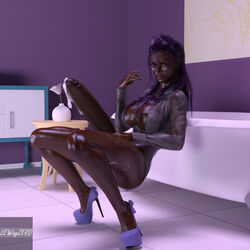 1futa 3d areolae breasts brown_skin colbra cum cum_drip dark-skinned_futanari dark_skin dickgirl ejaculation erection functionally_nude futa_only futanari heels huge_breasts huge_cock intersex leaning long_penis looking_at_viewer nipples oil penis purple_hair slim squatting thick_penis transparent_clothing watermark wet