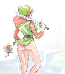 2girls a_link_to_the_past ass big_breasts bottomless brellom cap_of_the_hero drooling fairy freckles from_behind link link_(shounen_captain) no_panties pink_hair rule_63 sword the_legend_of_zelda tunic upskirt wind yuri