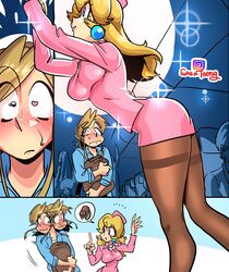 1boy 1girls ass backsack big_breasts blonde_hair blue_eyes blush breasts breath_of_the_wild clothed clothing comic crossover earrings embarrassed female flight_attendant hat human indoors link link_(breath_of_the_wild) long_hair looking_at_another male mario_(series) miniskirt nintendo pantyhose pencil_skirt pink_clothing plane princess_peach sasatseng short_dress skirt standing stewardess stewardess_uniform the_legend_of_zelda thighband_pantyhose tight_clothing