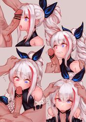 1boy :>= absurdres bangs bar_censor bare_shoulders black_dress black_gloves blue_eyes blush breasts censored clenched_teeth clothed_female_nude_male commentary_request dress earrings eonsang erection eyebrows_visible_through_hair fellatio female girls'_frontline gloves hair_ribbon hand_on_head heterochromia highres huge_filesize jewelry long_hair looking_at_penis looking_at_viewer male male_pubic_hair mdr_(girls'_frontline) nude open_mouth oral penis penis_awe penis_on_face ponytail pov pubic_hair purple_eyes ribbon straight sweatdrop tears teeth textless translation_request very_long_hair white_hair