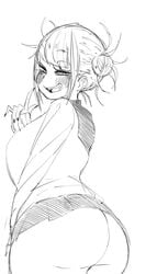 1girls alternate_breast_size ass big_ass big_breasts blush breasts clothed coffing_(artist) double_bun eye_contact female female_only half-closed_eyes himiko_toga human large_breasts looking_at_viewer looking_back monochrome my_hero_academia no_panties presenting_hindquarters sharp_teeth shirt short_hair sideboob sketch skirt smile teeth thick_thighs white_background wide_hips