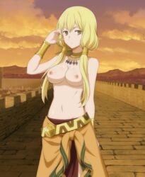 1girls aiz_wallenstein belt blonde_hair breasts brushing_hair choker dungeon_ni_deai_wo_motomeru_no_wa_machigatteiru_darou_ka female female_only gauntlets loincloth long_hair looking_at_viewer medium_breasts navel necklace nipples skirt solo topless topless_female yellow_eyes