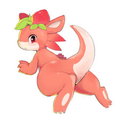 3_fingers 3_toes ambiguous_gender anthro anus dragon fingers food fruit full-length_portrait looking_at_viewer male_only plant portrait red_eyes simple_background solo strawberry toes white_background x_anus yupa