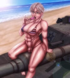 1futa abs american_flag american_flag_bikini balls big_breasts breasts cleavage dickgirl flaccid futa_only futanari girls_und_panzer intersex kay_(girls_und_panzer) large_breasts looking_at_viewer muscles muscular muscular_futanari penis solo solo_futa starlancer testicles