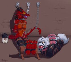 2019 2boys ai-yue ambiguous_gender anthro arms_behind_back arms_tied ball_gag black_nose bodily_fluids bondage bound canid canine canis chains clothing collar digital_media_(artwork) dragon drooling duo frogtied gag gagged gay hands_behind_back harness_ball_gag harness_gag hi_res legs_tied male malesub mammal metal_collar multiple_boys muzzle_(object) pawpads penile penis penis_milking peskybatfish pink_collar pink_pawpads rope rory_(ilovefeetandpaw) rubber rubber_suit saliva saliva_string sitting stocks submissive_male tail_bondage tail_cuff tied_toes wolf yellow_eyes