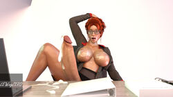 3d after_masturbation areolae big_breasts breasts breasts_out colbra cum cum_drip cum_on_breasts cum_on_face dickgirl ejaculation erection front_view functionally_nude futa_only futanari ginger glasses hand_on_head intersex knee_up long_penis looking_at_viewer monster_cock nipples office_lady patreon penis penis_out sitting tanned thick_penis thick_thighs url watermark