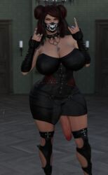 1futa 3d ashley big_penis black_hair bun cleavage clothed collar corset dickgirl diqgurl erection erection_under_clothes erection_under_skirt eyeshadow front_view futa_only futanari gesture highres hourglass_figure huge_breasts intersex looking_at_viewer mask metal_fork penis penis_under_clothes penis_under_skirt red_hair rings standing wide_hips