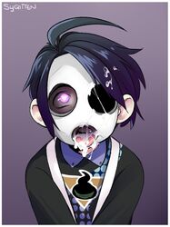 1boy allister_(pokemon) clothed cum cum_in_mouth cum_inside cum_on_face cum_on_hair eye_contact facial gay heart heart-shaped_pupils looking_at_viewer male male_focus male_only mask nintendo onion_(pokemon) open_mouth pink_eyes pokemon pokemon_ss purple_background purple_hair solo source_request syqiten text tongue watermark white_border yaoi
