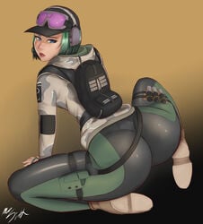 1girls ass backpack bag big_ass blue_eyes camouflage dat_ass ela_(rainbow_six) eyewear_on_head female green_hair headgear headset large_ass lipstick military mr_sithums rainbow_six rainbow_six_siege short_hair tactical_glasses thick_thighs tom_clancy