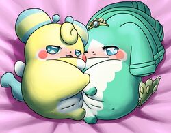 2girls anus bed_sheet bedding blue_eyes blue_fur blush clitoris cocotama crown duo eyelashes female female_only fur furry furry_only green_fur green_hair hair hirake!_cocotama looking_at_viewer lying mammal mostly_nude multicolored_fur nude ojou_(cocotama) one_eye_closed open_mouth pussy semi-anthro tia_(cocotama) two_tone_fur white_fur yellow_fur 九尾